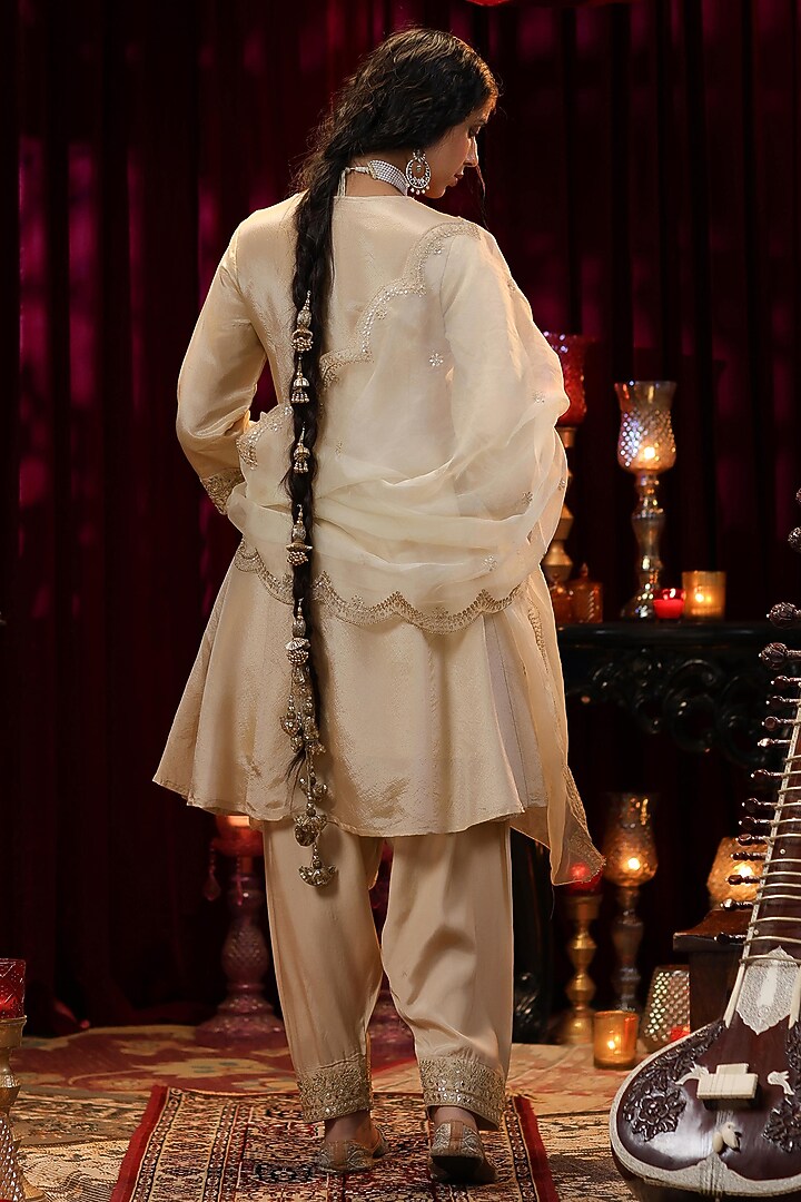 Beige Shimmer Organza Gota Embroidered Anarkali Set by Scakhi Luxe at Pernia's Pop Up Shop