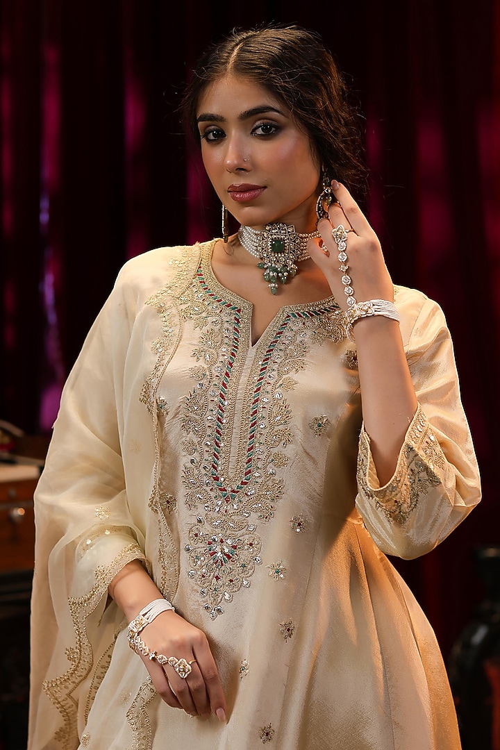 Beige Shimmer Organza Gota Embroidered Anarkali Set by Scakhi Luxe at Pernia's Pop Up Shop