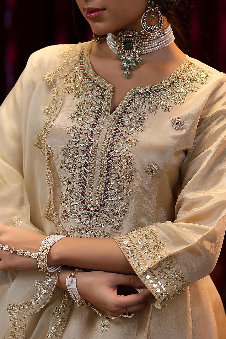 Beige Shimmer Organza Gota Embroidered Anarkali Set by Scakhi Luxe at Pernia's Pop Up Shop
