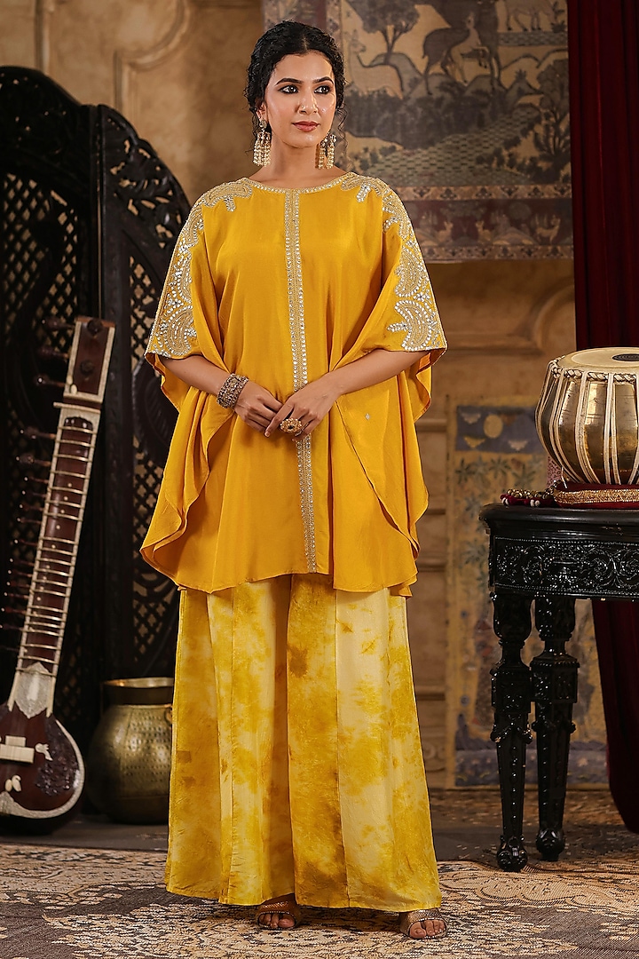 Mustard Dupion Silk Gota Embroidered Kaftan Set by Scakhi at Pernia's Pop Up Shop