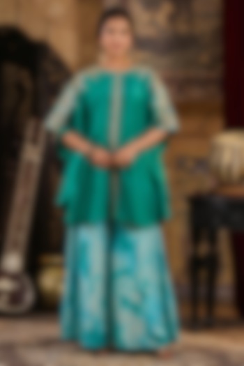 Teal Dupion Silk Gota Embroidered Kaftan Set by Scakhi at Pernia's Pop Up Shop