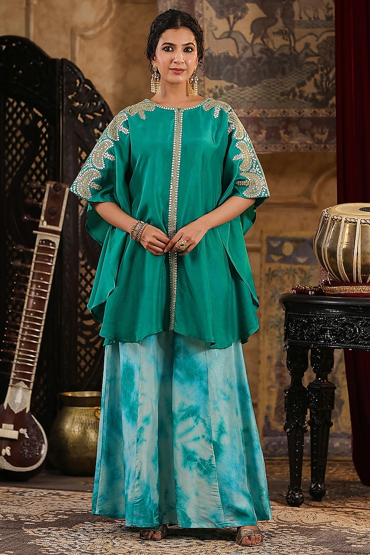 Teal Dupion Silk Gota Embroidered Kaftan Set by Scakhi at Pernia's Pop Up Shop