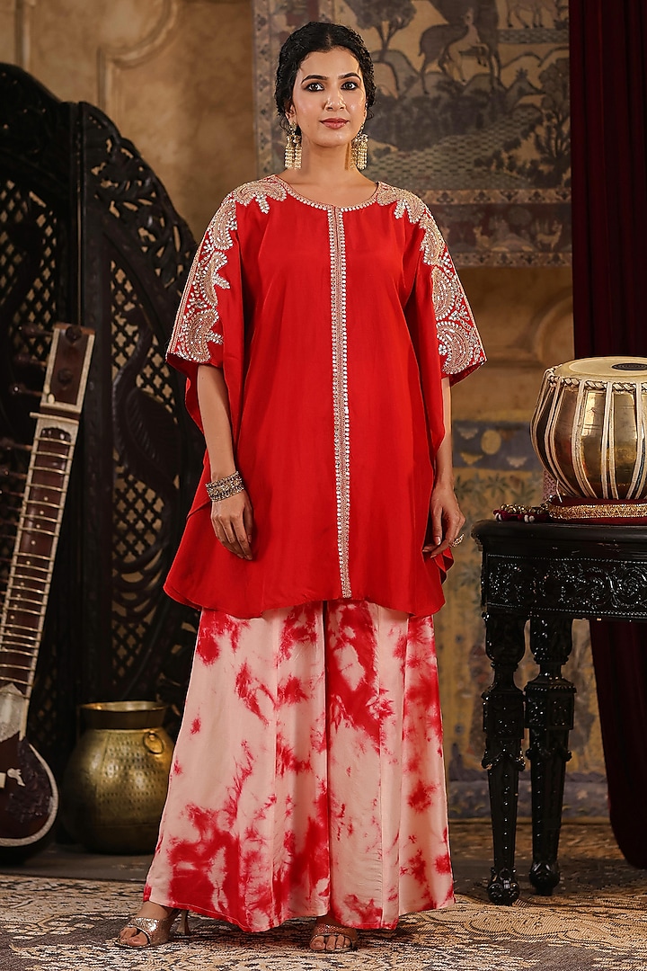 Red Dupion Silk Gota Embroidered Kaftan Set by Scakhi at Pernia's Pop Up Shop