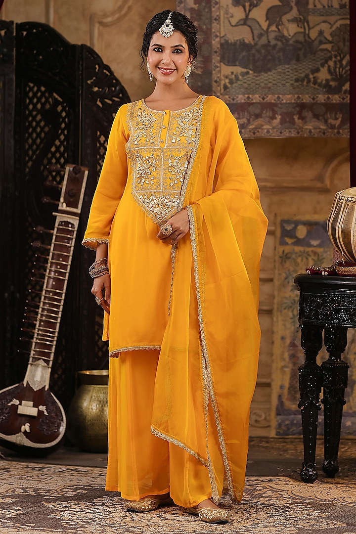 Yellow Georgette Gota Patti Embroidered Kurta Set by Scakhi at Pernia's Pop Up Shop