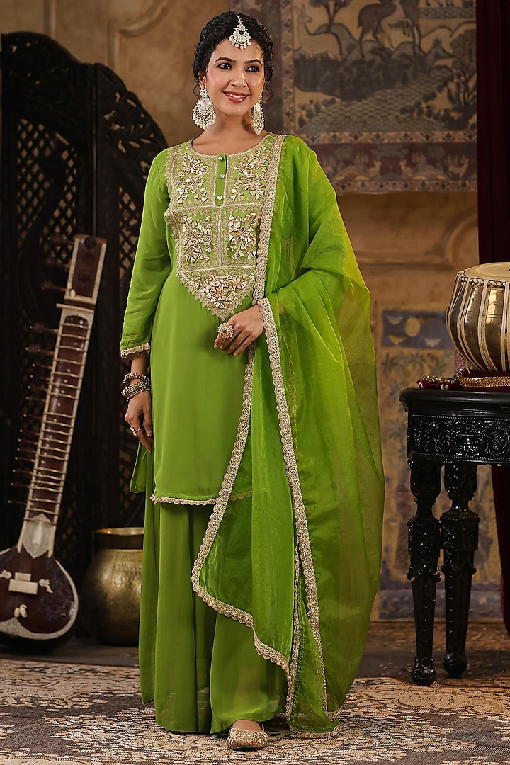 Green Georgette Gota Patti Embroidered Kurta Set by Scakhi at Pernia's Pop Up Shop