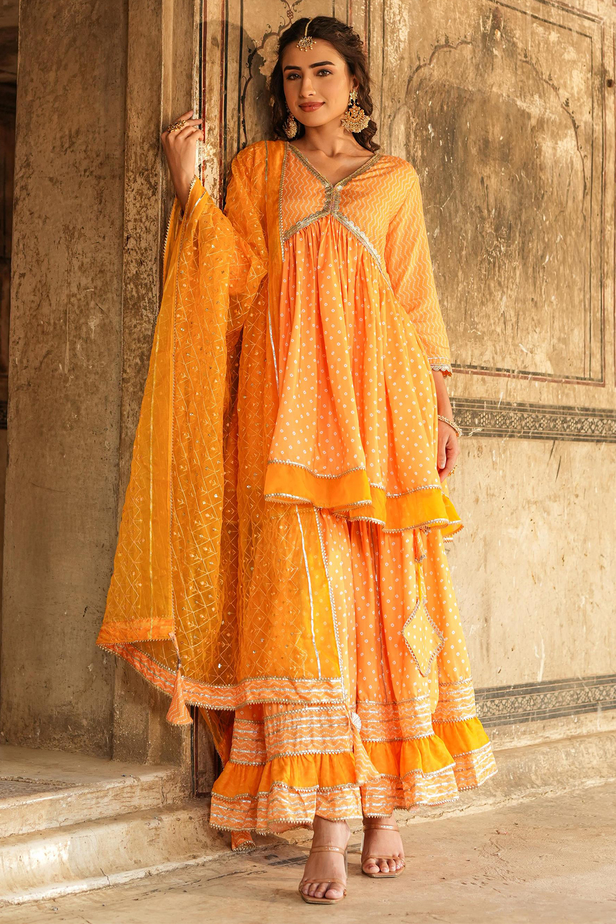 Yellow Modal Chanderi Bandhani Printed Sharara Set by Scakhi Luxe at Pernia's Pop Up Shop