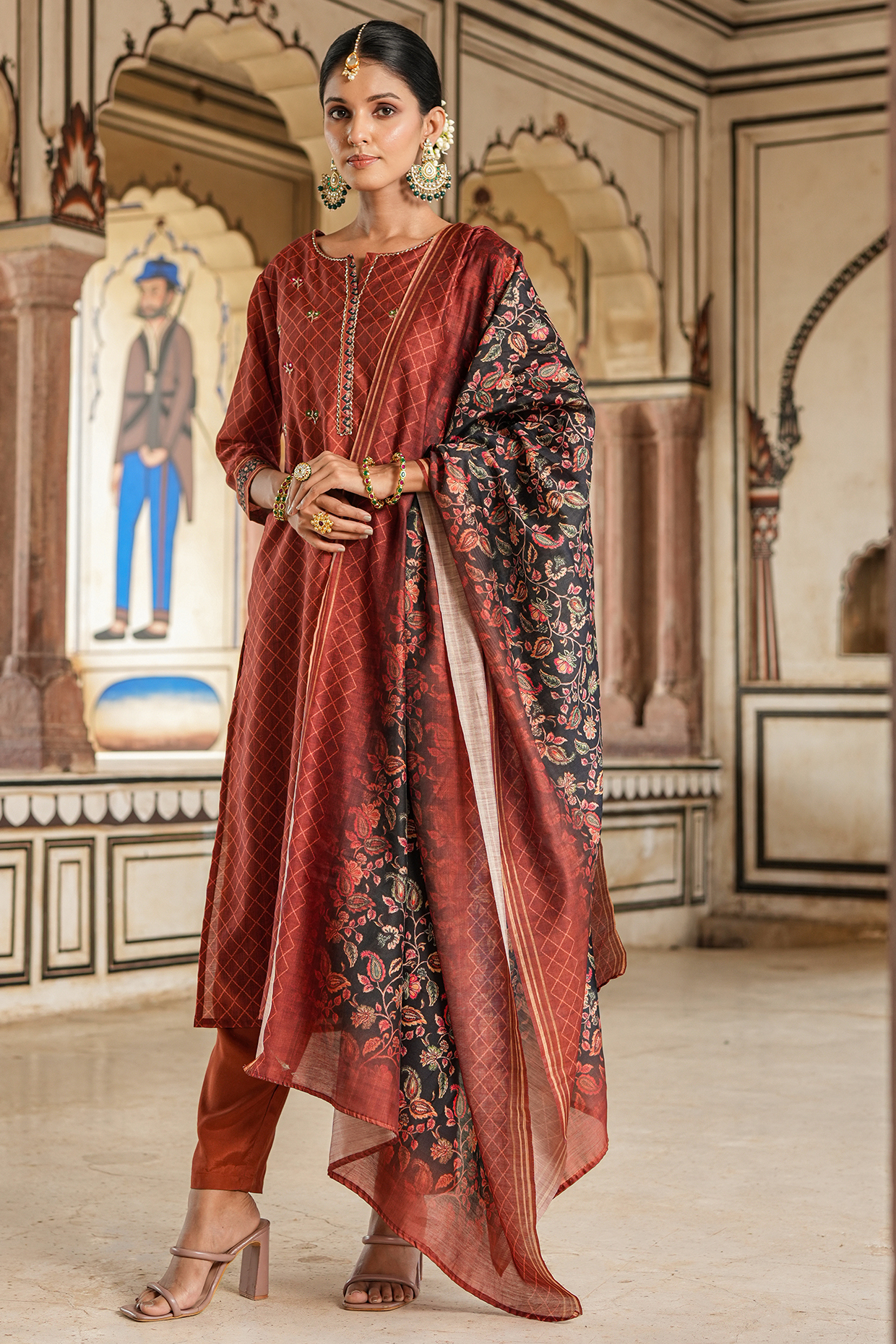 Rust Modal Chanderi Checks Printed A-Line Kurta Set by Scakhi