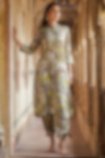 Grey Satin Gota Work Printed Pathani Kurta Set by Scakhi Luxe at Pernia's Pop Up Shop