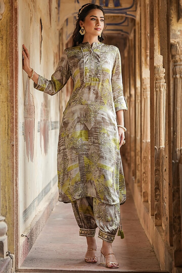 Grey Satin Gota Work Printed Pathani Kurta Set by Scakhi Luxe at Pernia's Pop Up Shop