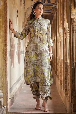 Grey Satin Gota Work Printed Pathani Kurta Set by Scakhi Luxe