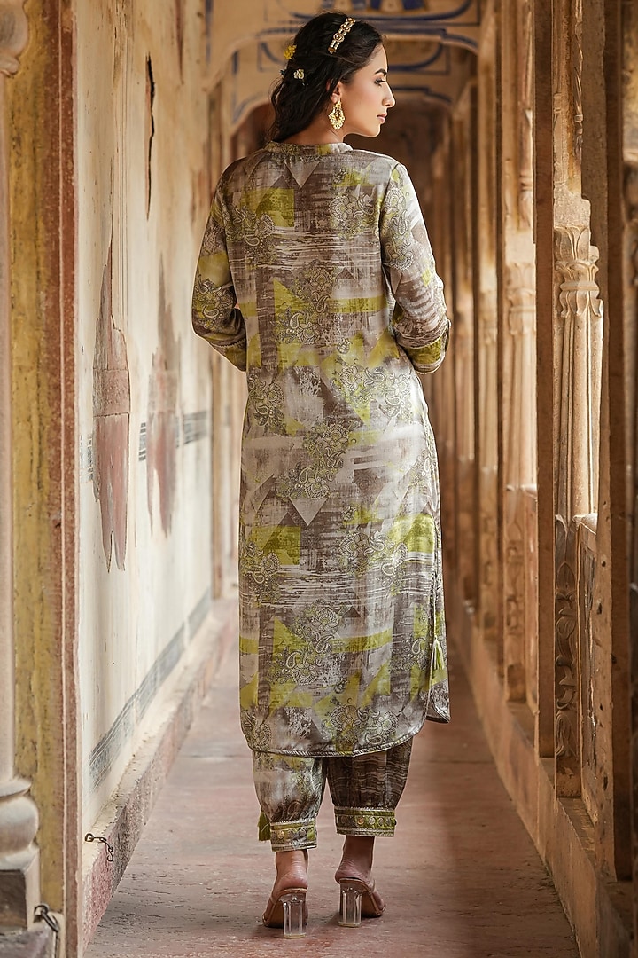 Grey Satin Gota Work Printed Pathani Kurta Set by Scakhi Luxe at Pernia's Pop Up Shop