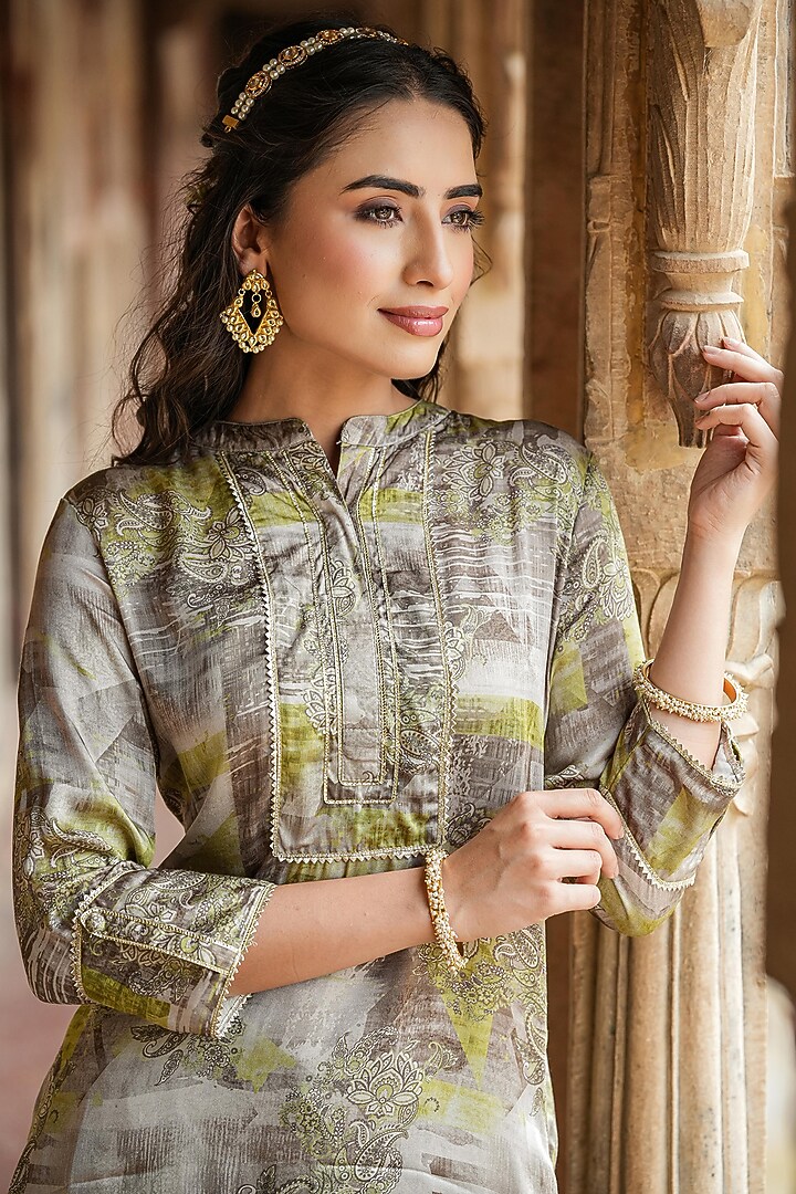 Grey Satin Gota Work Printed Pathani Kurta Set by Scakhi Luxe at Pernia's Pop Up Shop
