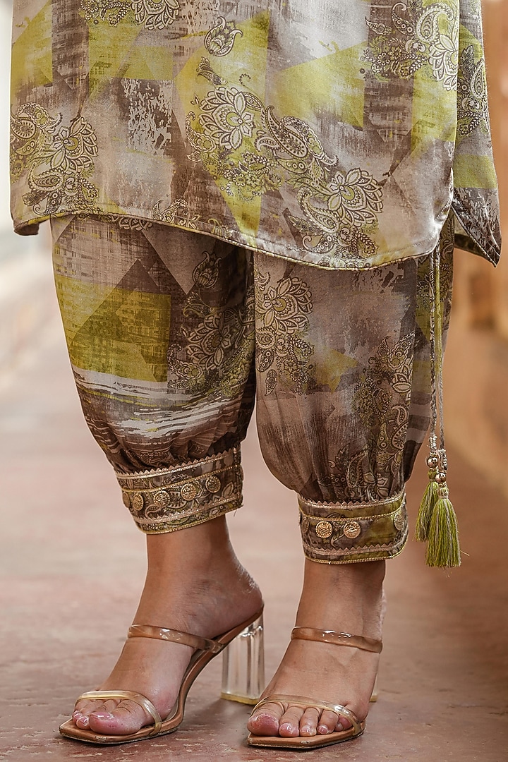Grey Satin Gota Work Printed Pathani Kurta Set by Scakhi Luxe at Pernia's Pop Up Shop