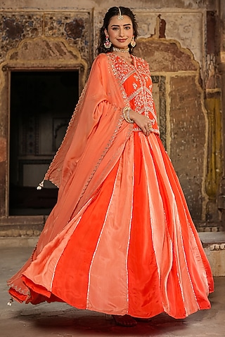 Orange Butter Silk Gota Patti Embellished Lehenga Set by Scakhi Luxe