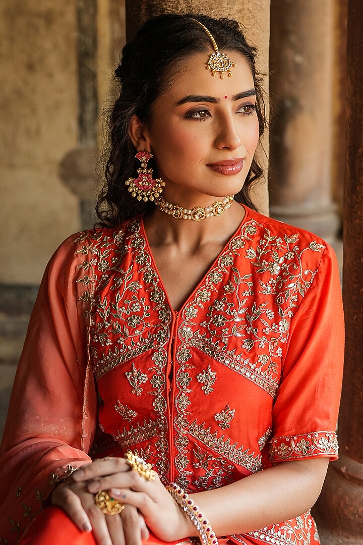 Orange Butter Silk Gota Patti Embellished Lehenga Set by Scakhi Luxe at Pernia's Pop Up Shop