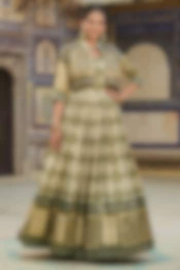 Olive Dola Silk Jacquard Gathered Engagement Gown With Attached Koti Jacket by Scakhi Luxe at Pernia's Pop Up Shop