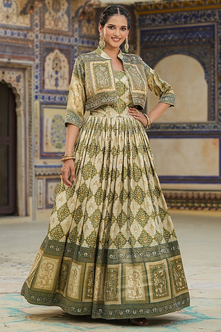 Olive Dola Silk Jacquard Gathered Engagement Gown With Attached Koti Jacket by Scakhi Luxe at Pernia's Pop Up Shop