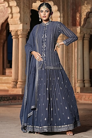 Grey Georgette Embellished Jacket Lehenga Set by Scakhi Luxe