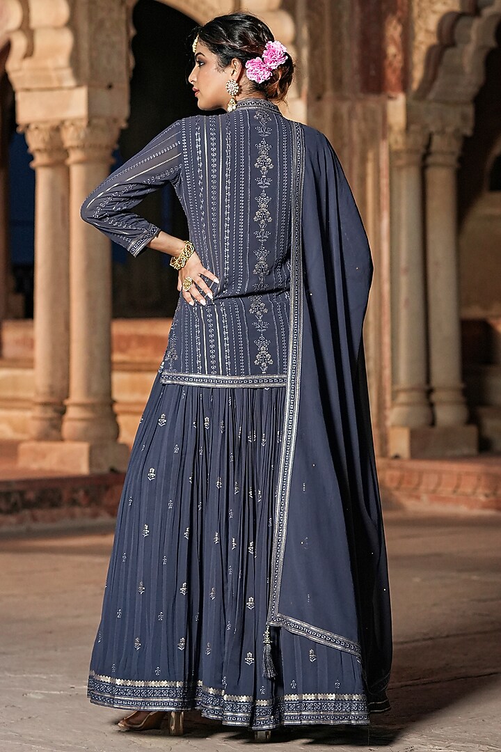 Grey Georgette Embellished Jacket Lehenga Set by Scakhi Luxe at Pernia's Pop Up Shop