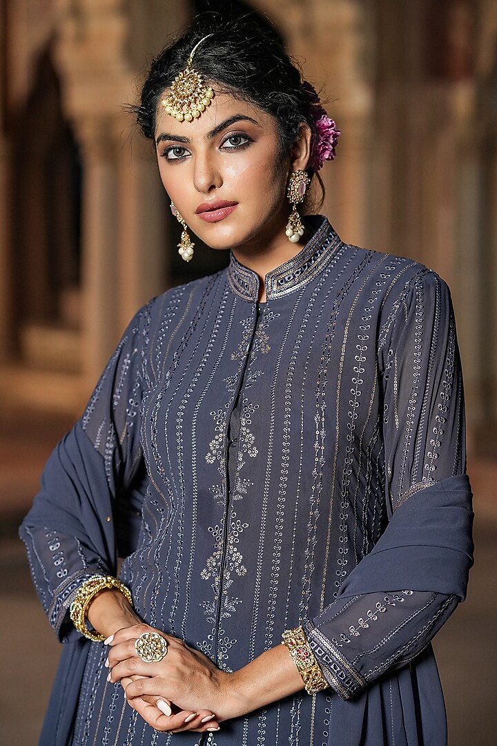 Grey Georgette Embellished Jacket Lehenga Set by Scakhi Luxe at Pernia's Pop Up Shop