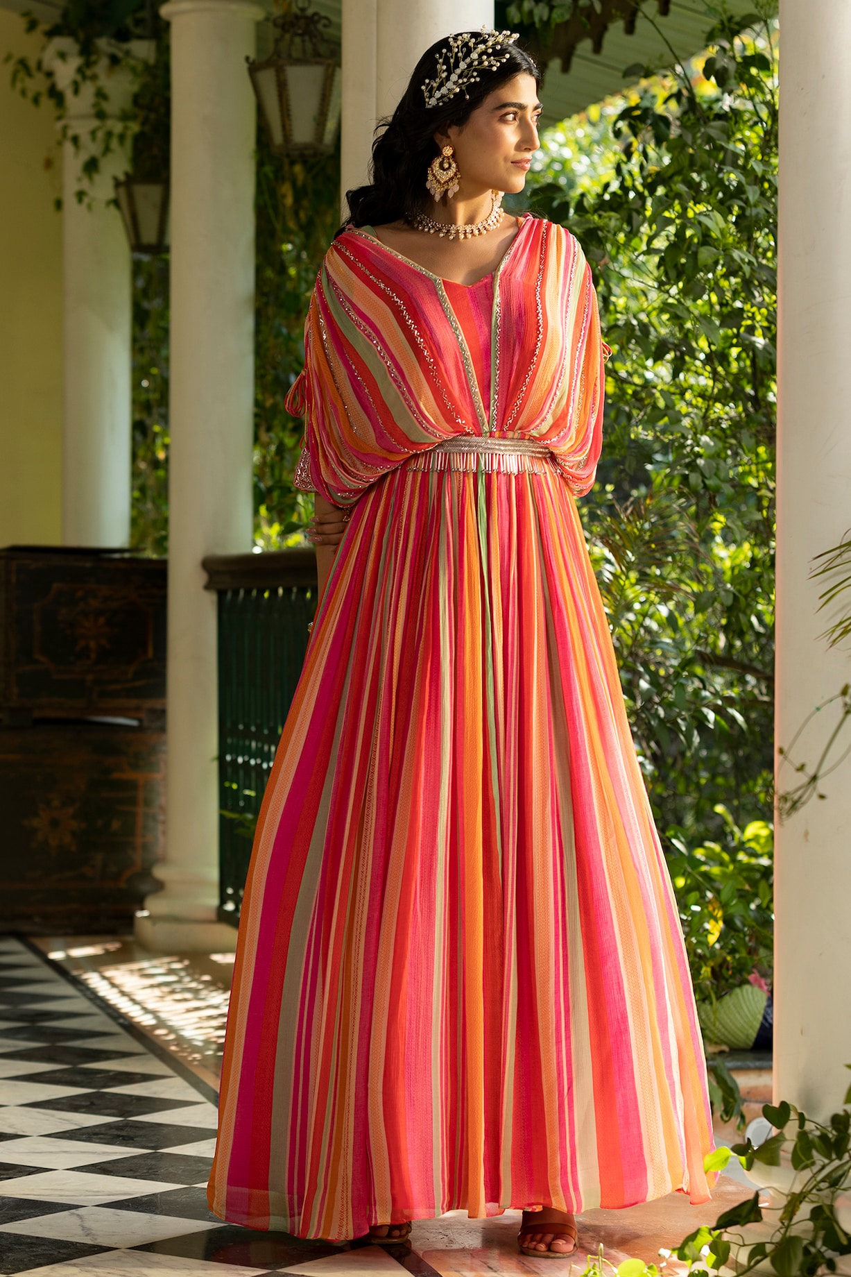 Multi-Colored Chinon Silk Striped Gown With Belt Design by Scakhi at  Pernia's Pop Up Shop 2024