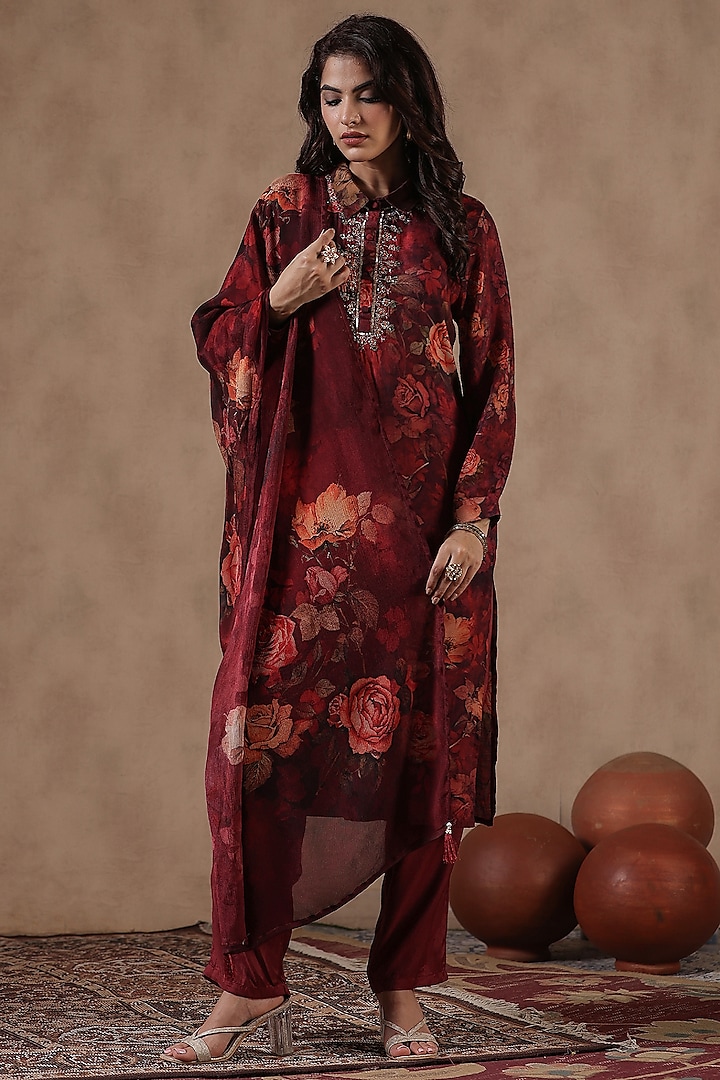 Maroon Muslin Silk Floral Printed Pathani Kurta Set by Scakhi