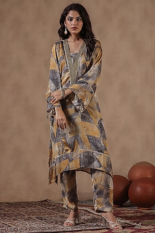 Mustard Satin Paisley Printed Asymmetric Kurta Set by Scakhi Luxe
