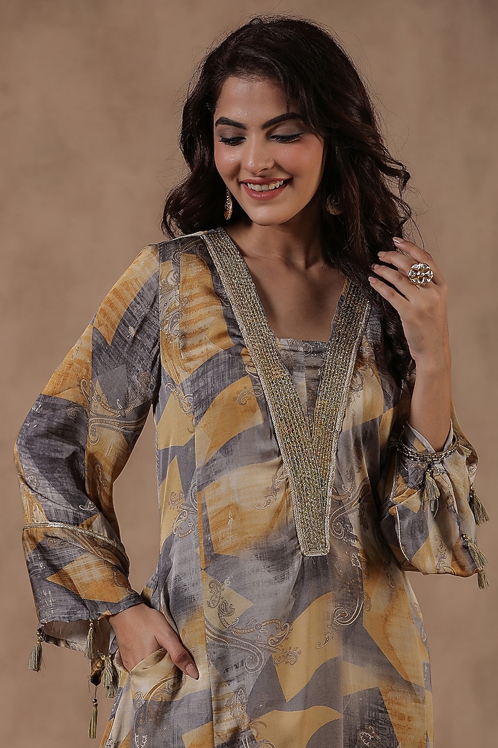 Mustard Satin Paisley Printed Asymmetric Kurta Set by Scakhi Luxe at Pernia's Pop Up Shop
