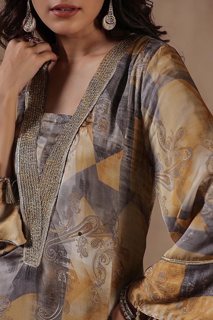 Mustard Satin Paisley Printed Asymmetric Kurta Set by Scakhi Luxe at Pernia's Pop Up Shop