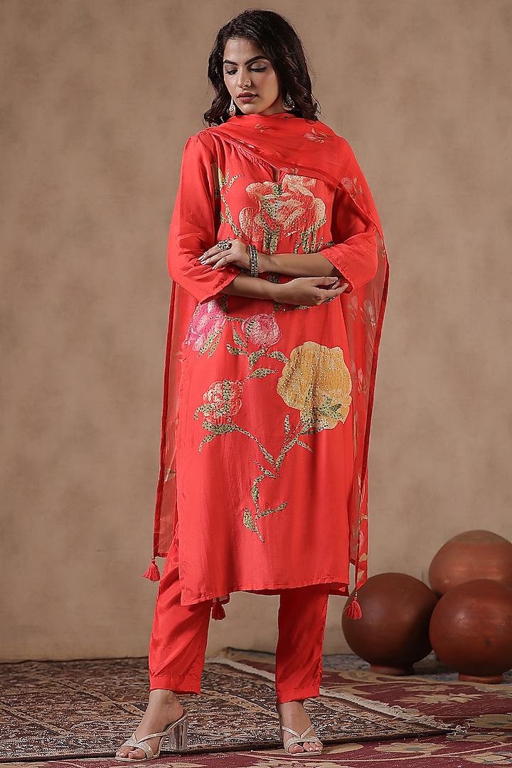 Orange Muslin Silk Placement Floral Printed Kurta Set by Scakhi Luxe at Pernia's Pop Up Shop