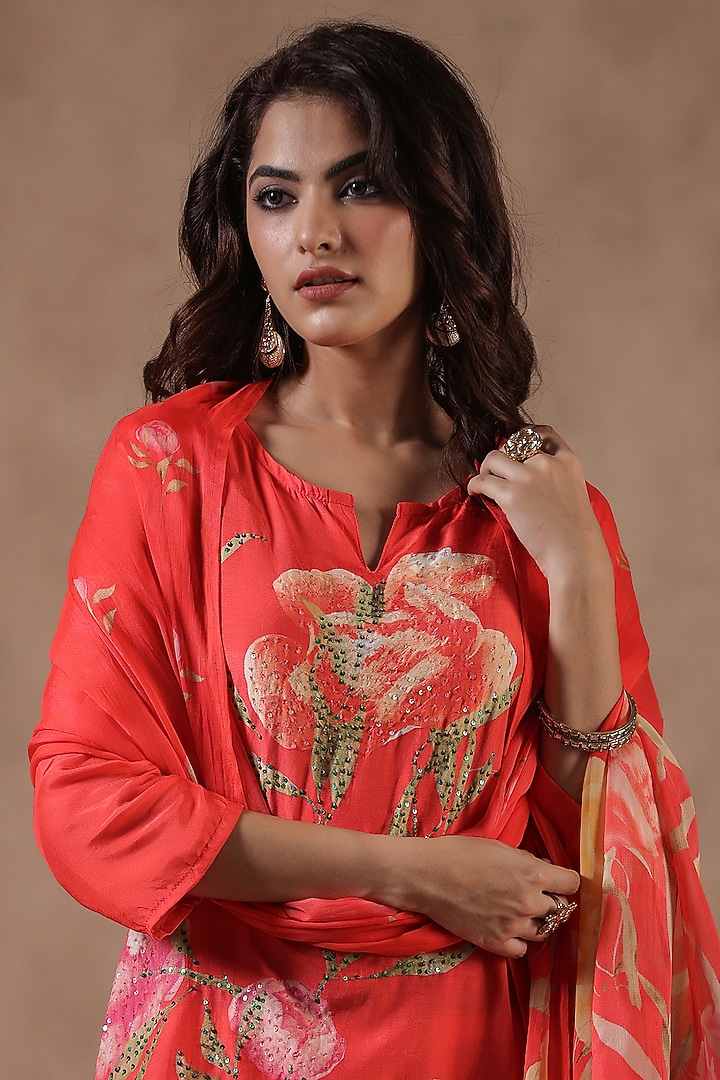 Orange Muslin Silk Placement Floral Printed Kurta Set by Scakhi Luxe at Pernia's Pop Up Shop