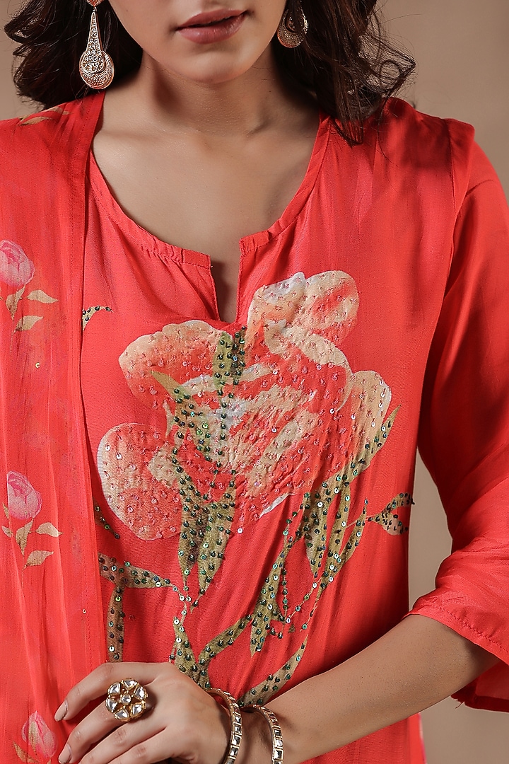 Orange Muslin Silk Placement Floral Printed Kurta Set by Scakhi Luxe at Pernia's Pop Up Shop