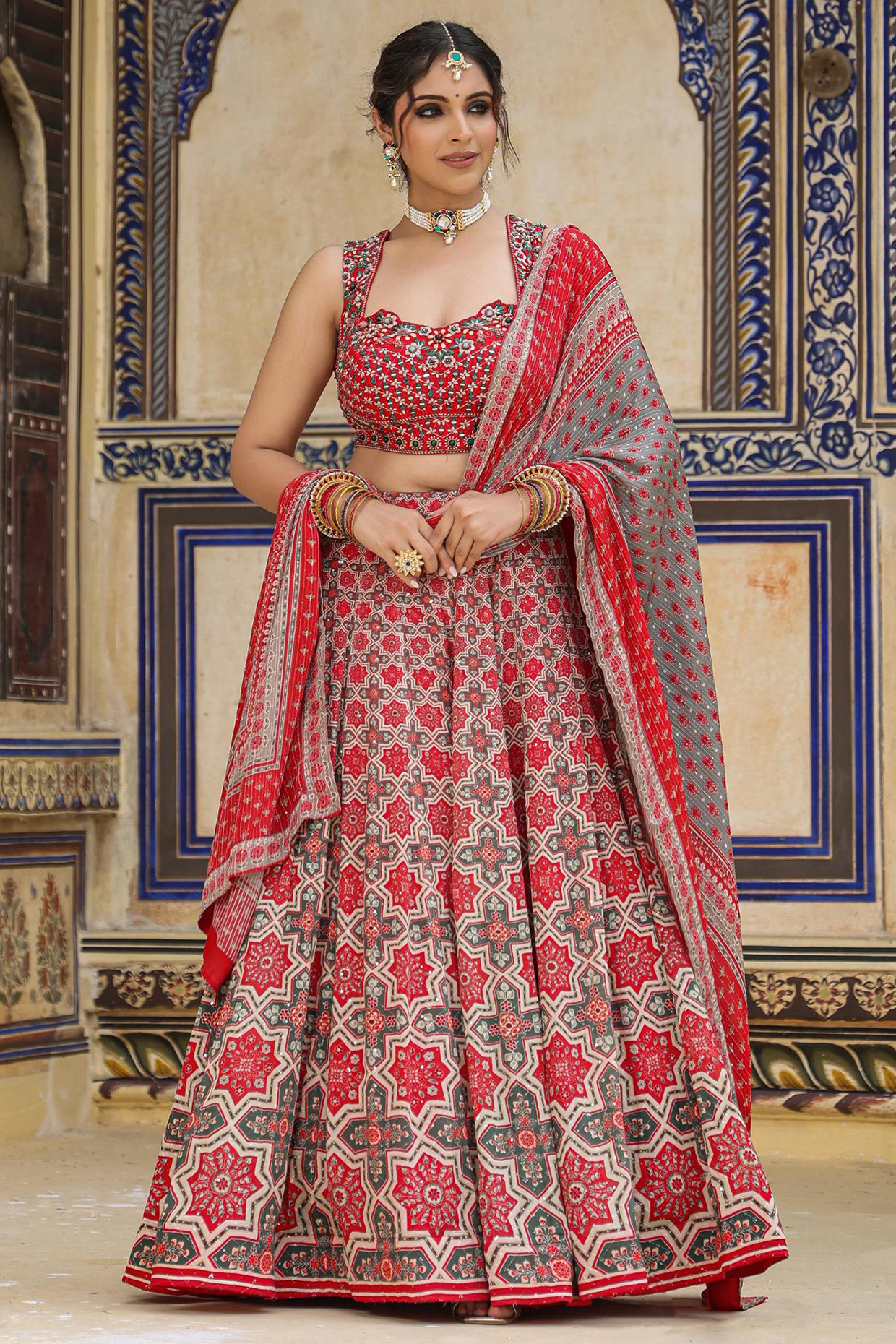 Red Georgette Digital Printed & Embroidered Kalidar Wedding Lehenga Set by Scakhi Luxe at Pernia's Pop Up Shop