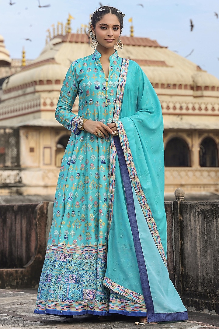 Turquoise Dola Silk Embellished & Printed Anarkali Set by Scakhi