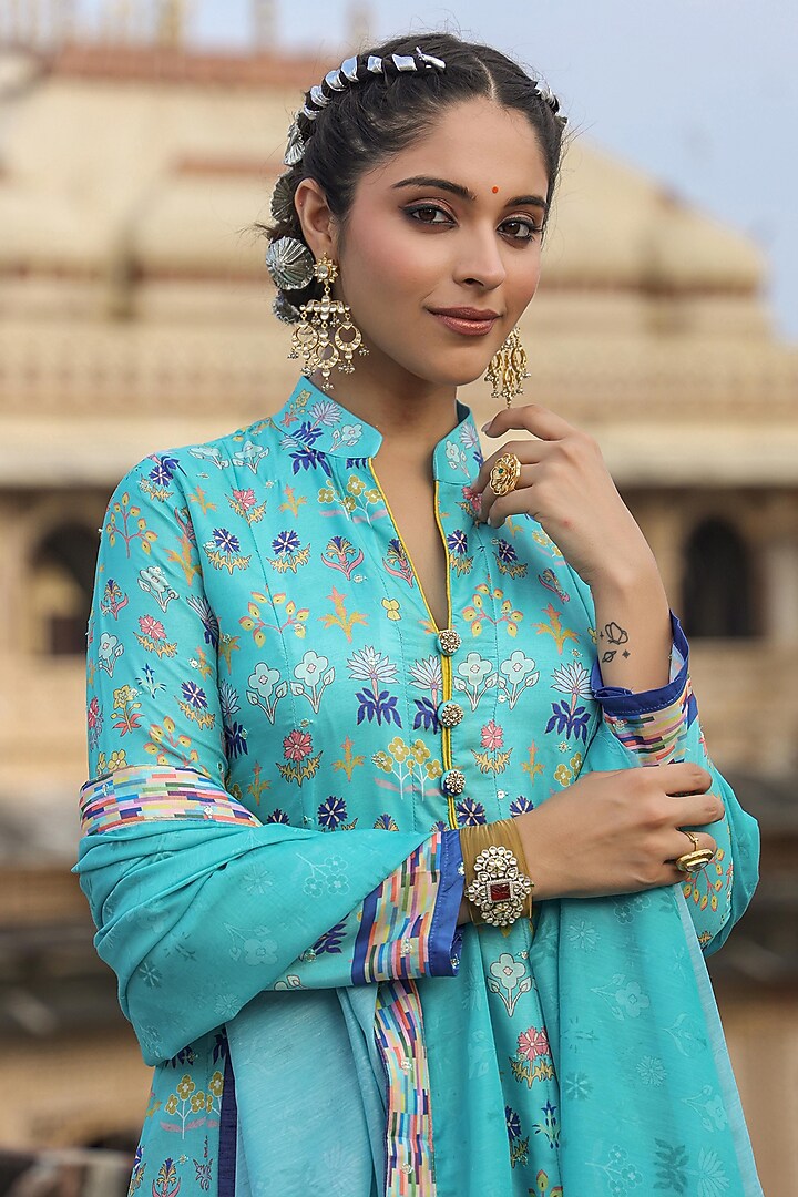Turquoise Dola Silk Embellished & Printed Party Wear Anarkali Set by Scakhi Luxe at Pernia's Pop Up Shop