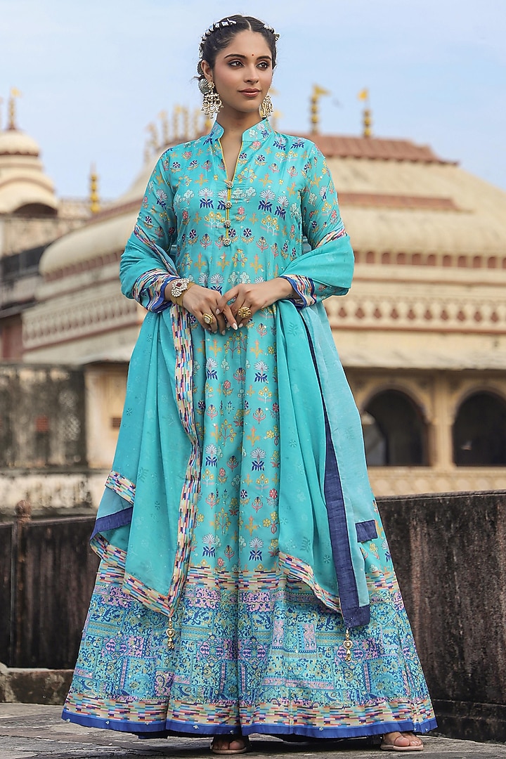 Turquoise Dola Silk Embellished & Printed Party Wear Anarkali Set by Scakhi Luxe at Pernia's Pop Up Shop
