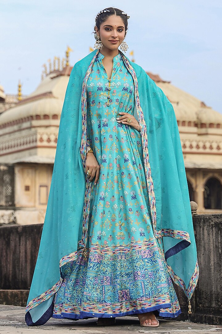 Turquoise Dola Silk Embellished & Printed Party Wear Anarkali Set by Scakhi Luxe at Pernia's Pop Up Shop