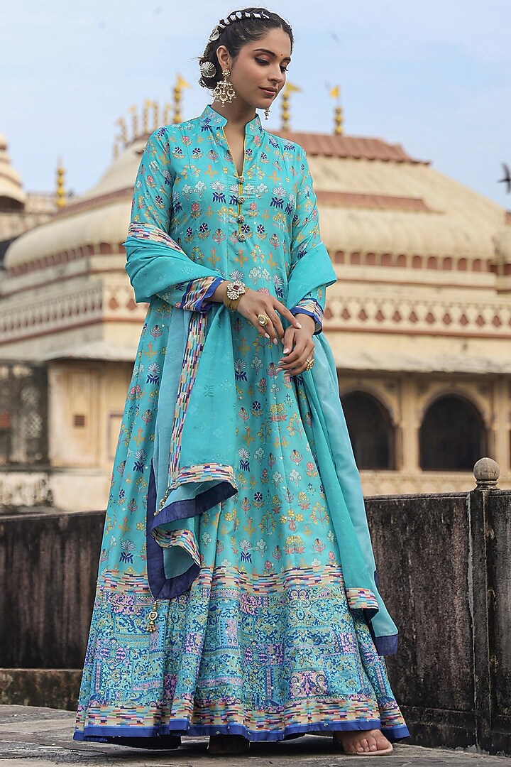 Turquoise Dola Silk Embellished & Printed Party Wear Anarkali Set by Scakhi Luxe at Pernia's Pop Up Shop