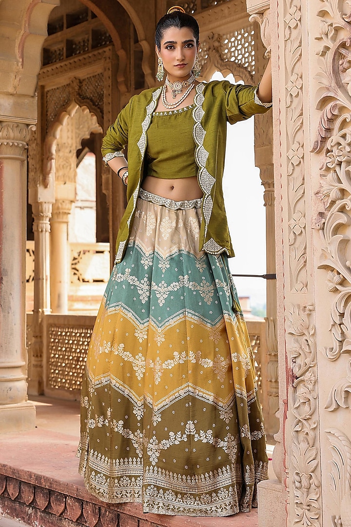 Multi-Colored Banarasi Silk Jacquard Embellished Jacket Wedding Lehenga Set by Scakhi at Pernia's Pop Up Shop