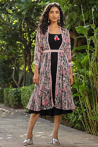 Black Rayon & Lurex Jacket Dress by Scakhi Luxe