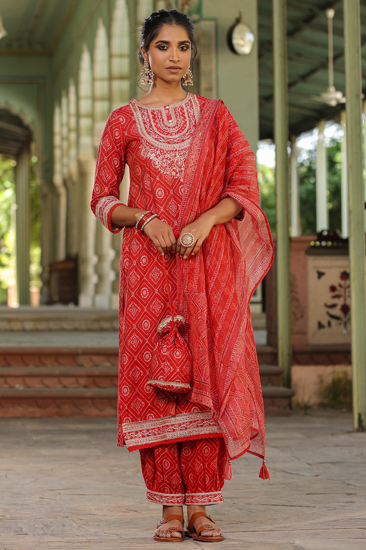 Red Modal Chanderi Printed Kurta Set by Scakhi Luxe at Pernia's Pop Up Shop