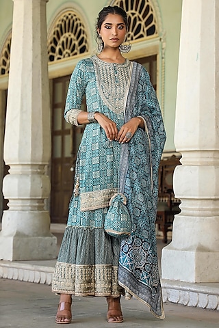 Teal German Rayon Printed Sharara Set by Scakhi Luxe