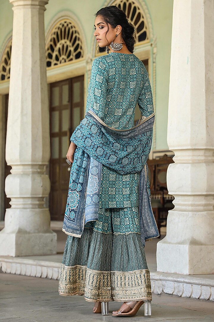 Teal German Rayon Printed Sharara Set by Scakhi Luxe at Pernia's Pop Up Shop