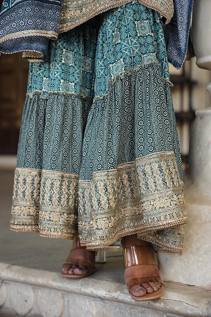 Teal German Rayon Printed Sharara Set by Scakhi Luxe at Pernia's Pop Up Shop