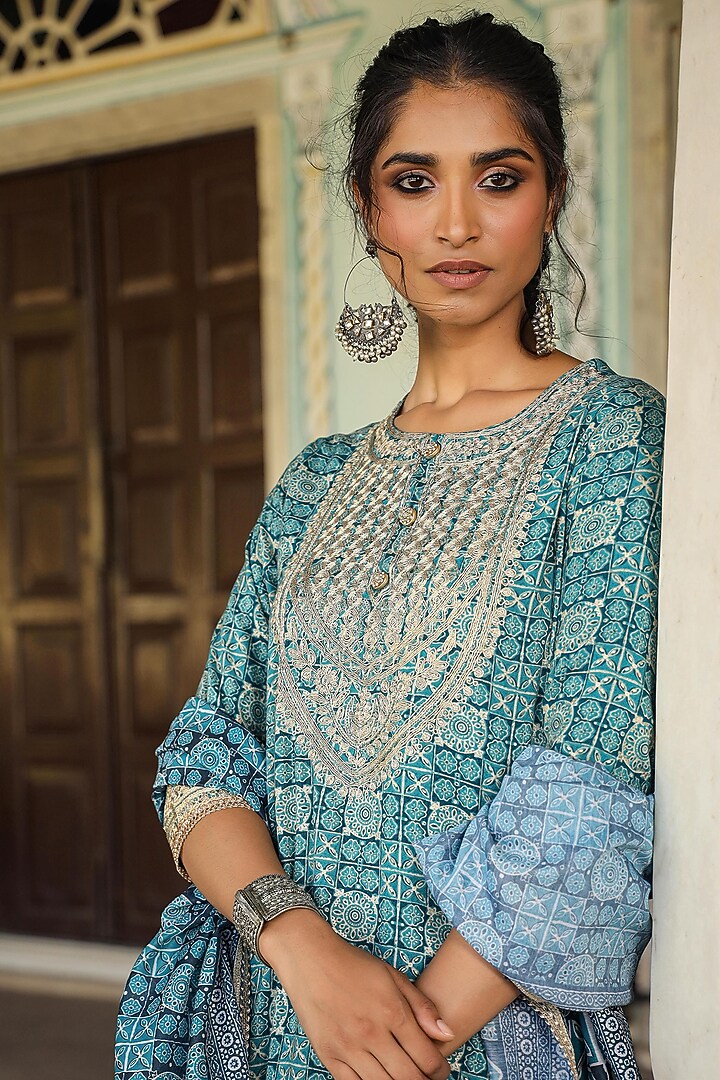 Teal German Rayon Printed Sharara Set by Scakhi Luxe at Pernia's Pop Up Shop