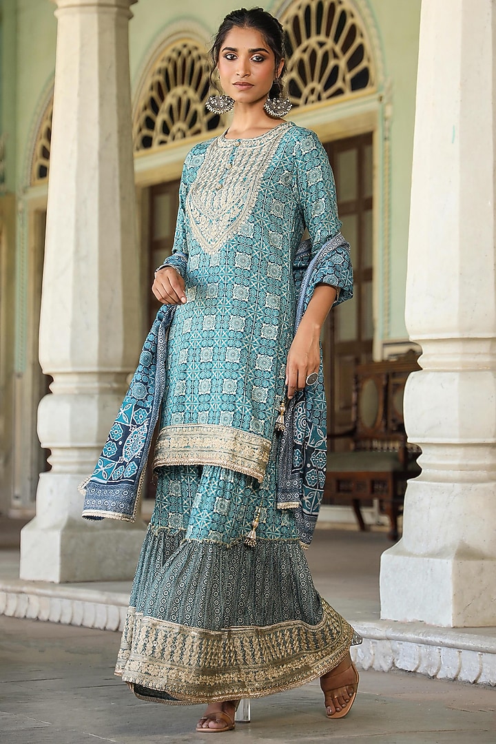 Teal German Rayon Printed Sharara Set by Scakhi Luxe at Pernia's Pop Up Shop