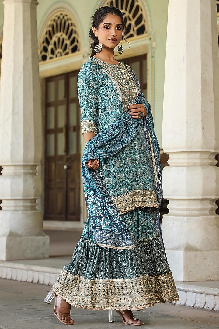 Teal German Rayon Printed Sharara Set by Scakhi Luxe at Pernia's Pop Up Shop