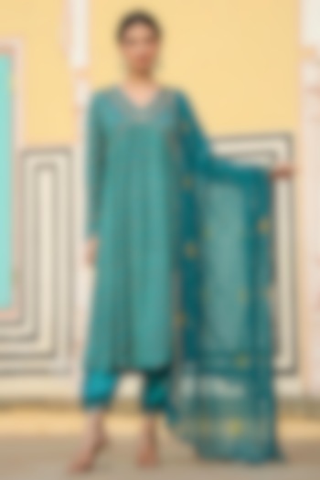 Teal Chinon Silk Printed & Embroidered Kurta Set by Scakhi Luxe at Pernia's Pop Up Shop