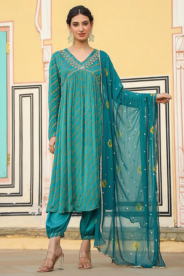Teal Chinon Silk Printed & Embroidered Kurta Set by Scakhi Luxe at Pernia's Pop Up Shop