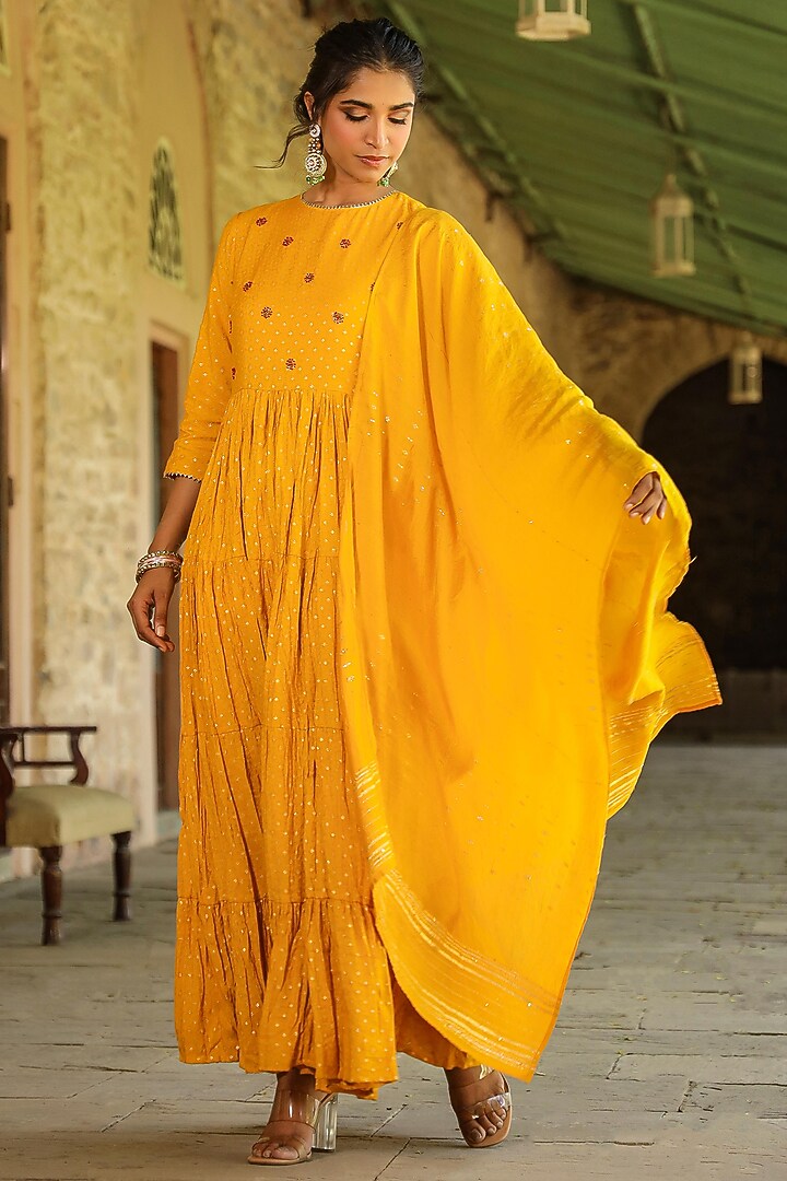 Mustard Cotton Jacquard Embellished Maxi Dress With Dupatta by Scakhi